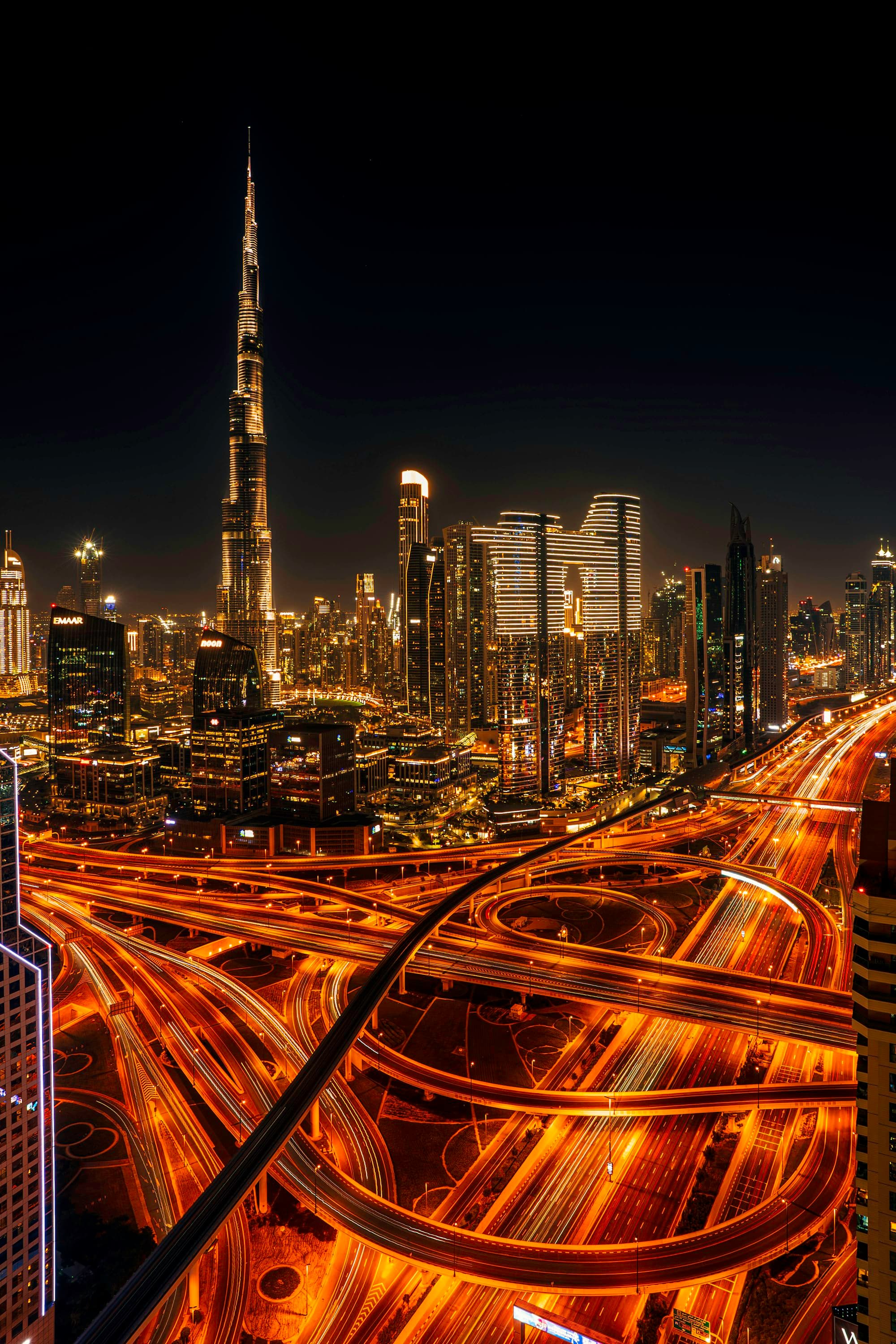 Dubai skyline at night with the Burj Khalifa